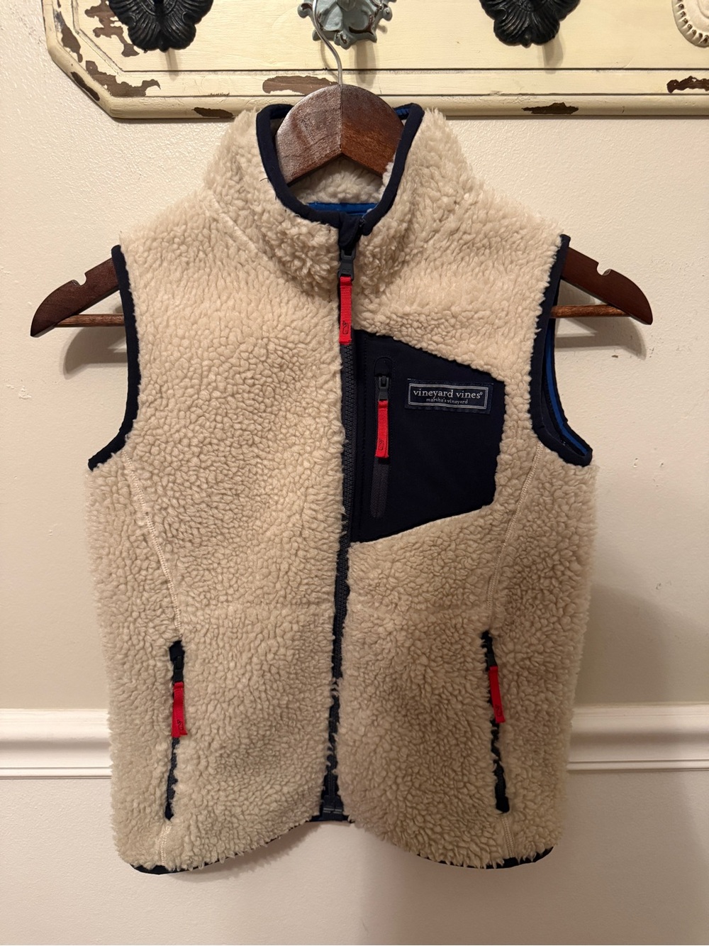 Vineyard Vines Kids Cream Sherpa Vest with Navy Trim & Red Zippers